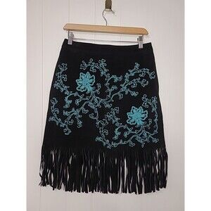 Vintage Western Rodeo Fringe Black Blue Leather Embroidered Skirt Size 10